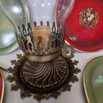 Vintage Decorative metal made in England Plate Set & electric Hurricane Lamp