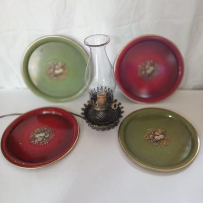 Vintage Decorative metal made in England Plate Set & electric Hurricane Lamp