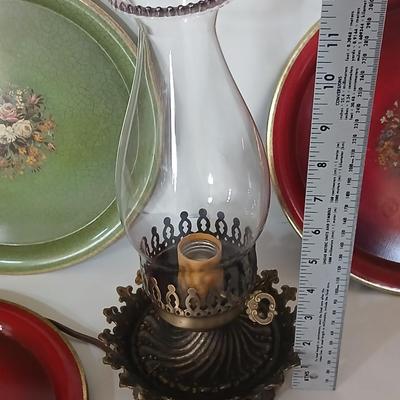 Vintage Decorative metal made in England Plate Set & electric Hurricane Lamp