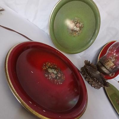 Vintage Decorative metal made in England Plate Set & electric Hurricane Lamp