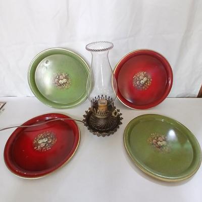 Vintage Decorative metal made in England Plate Set & electric Hurricane Lamp