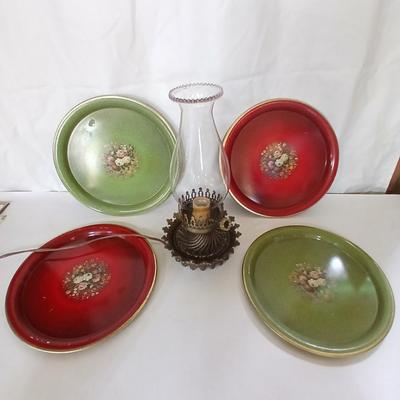 Vintage Decorative metal made in England Plate Set & electric Hurricane Lamp