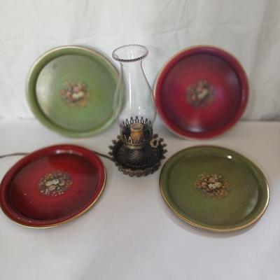 Vintage Decorative metal made in England Plate Set & electric Hurricane Lamp