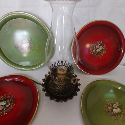 Vintage Decorative metal made in England Plate Set & electric Hurricane Lamp