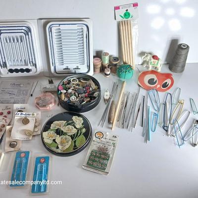 Large Vintage Sewing Notions Lot – Buttons, Needles, Tools, Threads, Knitting & Denise interchangeable knitting kit