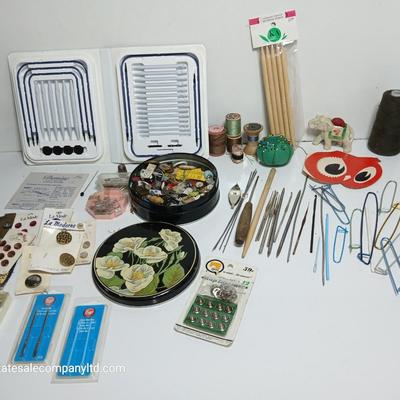 Large Vintage Sewing Notions Lot – Buttons, Needles, Tools, Threads, Knitting & Denise interchangeable knitting kit