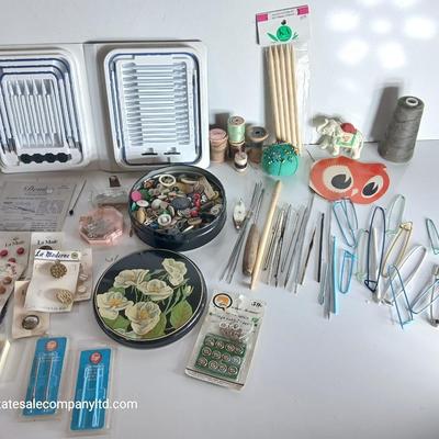 Large Vintage Sewing Notions Lot – Buttons, Needles, Tools, Threads, Knitting & Denise interchangeable knitting kit