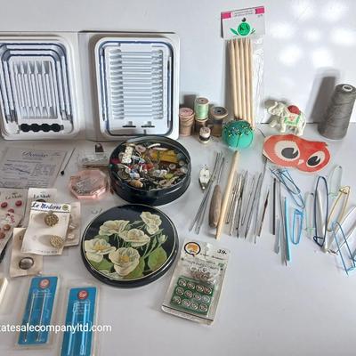 Large Vintage Sewing Notions Lot – Buttons, Needles, Tools, Threads, Knitting & Denise interchangeable knitting kit
