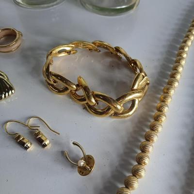 Vintage Jewelry & Decor Lot – Mixed Metals, Vanity Accents, Green Glass Eiffel Tower