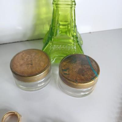 Vintage Jewelry & Decor Lot – Mixed Metals, Vanity Accents, Green Glass Eiffel Tower