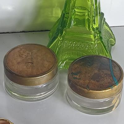 Vintage Jewelry & Decor Lot – Mixed Metals, Vanity Accents, Green Glass Eiffel Tower