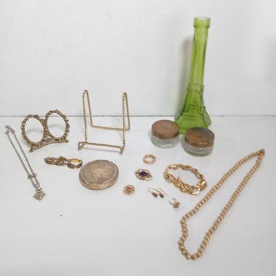 Vintage Jewelry & Decor Lot – Mixed Metals, Vanity Accents, Green Glass Eiffel Tower