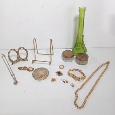 Vintage Jewelry & Decor Lot – Mixed Metals, Vanity Accents, Green Glass Eiffel Tower