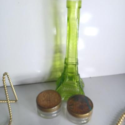 Vintage Jewelry & Decor Lot – Mixed Metals, Vanity Accents, Green Glass Eiffel Tower