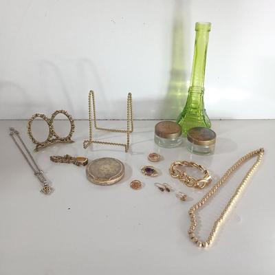 Vintage Jewelry & Decor Lot – Mixed Metals, Vanity Accents, Green Glass Eiffel Tower