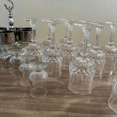 LOEVSKY & LOEVSKY BAR SET W/WIDE SILVER BAND AND STEMMED GLASSES