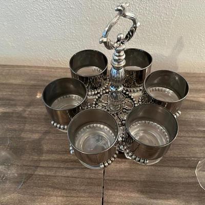 LOEVSKY & LOEVSKY BAR SET W/WIDE SILVER BAND AND STEMMED GLASSES