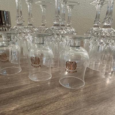 LOEVSKY & LOEVSKY BAR SET W/WIDE SILVER BAND AND STEMMED GLASSES