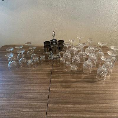 LOEVSKY & LOEVSKY BAR SET W/WIDE SILVER BAND AND STEMMED GLASSES