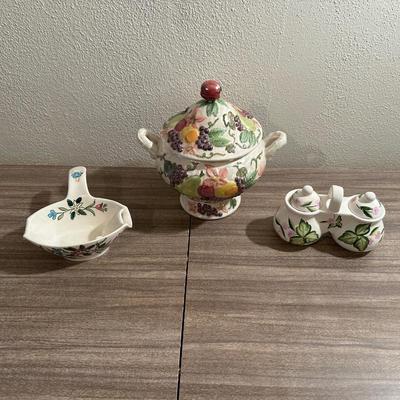GRAVY BOAT, CONDIMENT SET AND A CANISTER W/LID