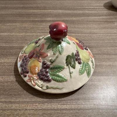 GRAVY BOAT, CONDIMENT SET AND A CANISTER W/LID