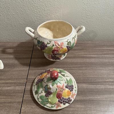 GRAVY BOAT, CONDIMENT SET AND A CANISTER W/LID
