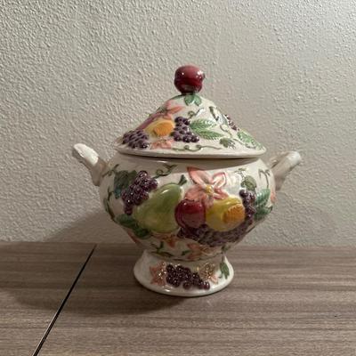 GRAVY BOAT, CONDIMENT SET AND A CANISTER W/LID