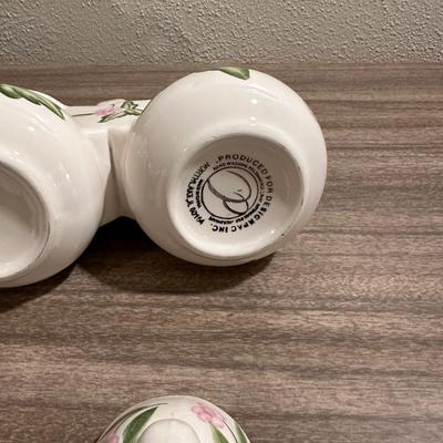 GRAVY BOAT, CONDIMENT SET AND A CANISTER W/LID