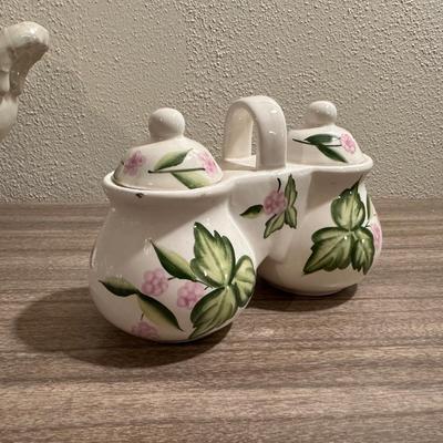 GRAVY BOAT, CONDIMENT SET AND A CANISTER W/LID