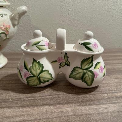 GRAVY BOAT, CONDIMENT SET AND A CANISTER W/LID