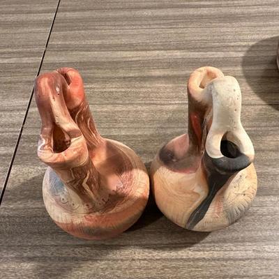 SIGNED CLAY WEDDING VASES AND BOWL