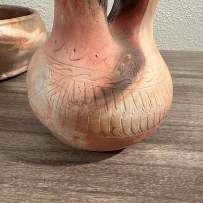SIGNED CLAY WEDDING VASES AND BOWL