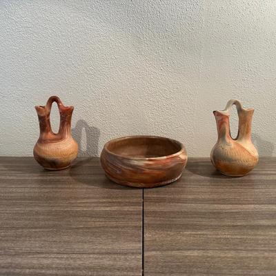 SIGNED CLAY WEDDING VASES AND BOWL