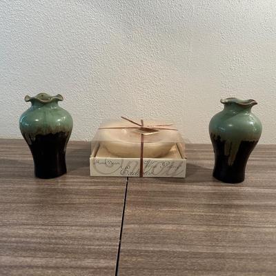 HABERSHAM CANDLE AND 2 CLAY VASES