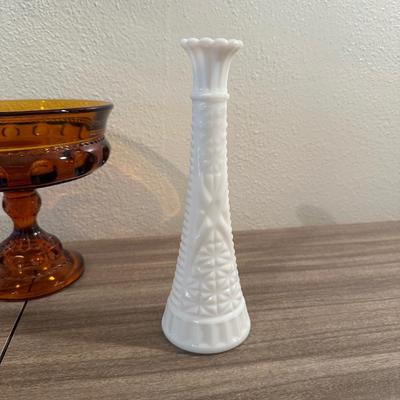 AMBER GLASS COMPOTE AND 2 MILK GLASS VASES