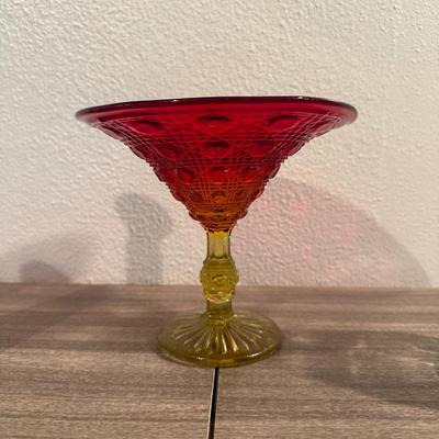 AMBERINA BUTTON GLASS COMPOTE AND 4 GLASS VASES