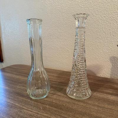 AMBERINA BUTTON GLASS COMPOTE AND 4 GLASS VASES