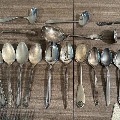 MISC SILVER PLATE AND STAINLESS STEEL FLATWARE AND SERVING PIECES