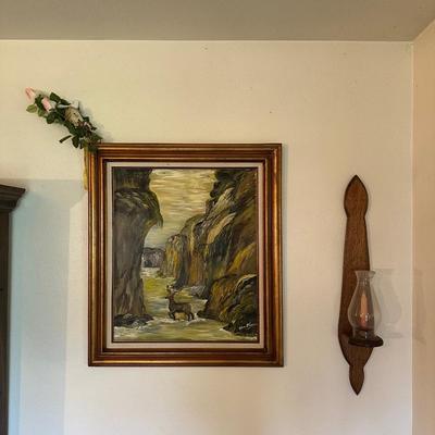 OIL ON CANVAS BY ELVA DUGAN PLUS A WALL CANDLE SCONCE