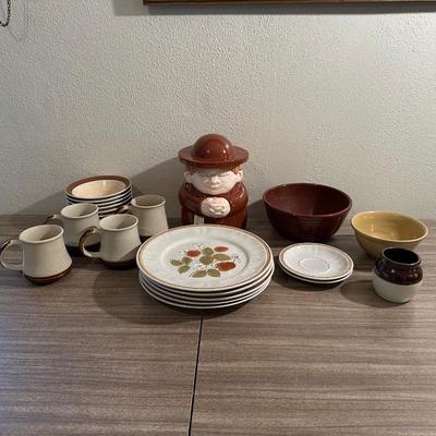 STONEWARE DISHES, CLAY BOWLS AND A MONK COOKIE JAR
