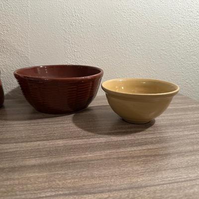 STONEWARE DISHES, CLAY BOWLS AND A MONK COOKIE JAR