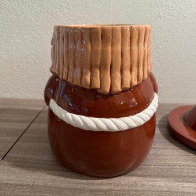 STONEWARE DISHES, CLAY BOWLS AND A MONK COOKIE JAR