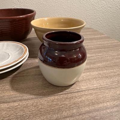 STONEWARE DISHES, CLAY BOWLS AND A MONK COOKIE JAR