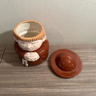 STONEWARE DISHES, CLAY BOWLS AND A MONK COOKIE JAR