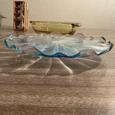 GEESE MEASURING SPOONS, FIRE KING BAKING DISHES AND BLUE GLASS CAKE PLATE