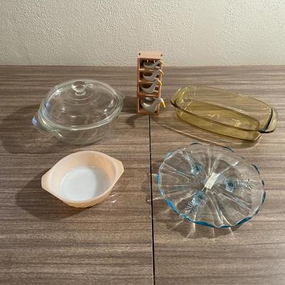 GEESE MEASURING SPOONS, FIRE KING BAKING DISHES AND BLUE GLASS CAKE PLATE