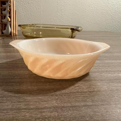 GEESE MEASURING SPOONS, FIRE KING BAKING DISHES AND BLUE GLASS CAKE PLATE