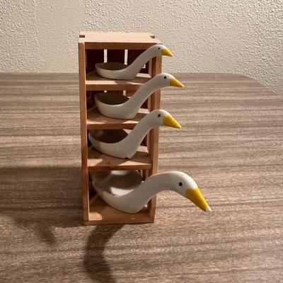 GEESE MEASURING SPOONS, FIRE KING BAKING DISHES AND BLUE GLASS CAKE PLATE