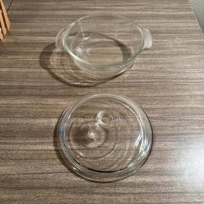 GEESE MEASURING SPOONS, FIRE KING BAKING DISHES AND BLUE GLASS CAKE PLATE