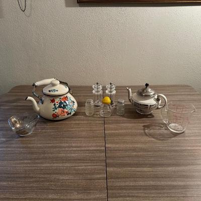 ENAMEL TEA KETTLE, CLAY TEAPOT, SHAKERS AND MORE